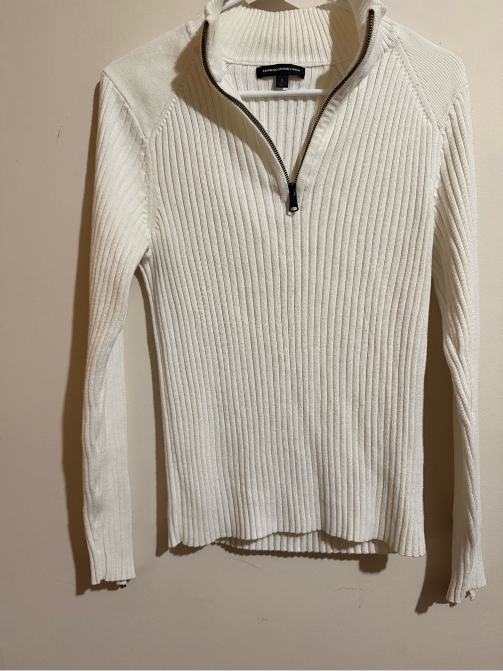 Express Cream Ribbed Half-Zip V-Neck Sweater